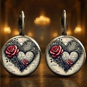 Vintage Rose Heart Earrings | Romantic Love Print | Antique Gold Drop Earrings